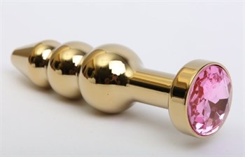 Золотистая анальная ёлочка с розовым кристаллом - 11,2 см.