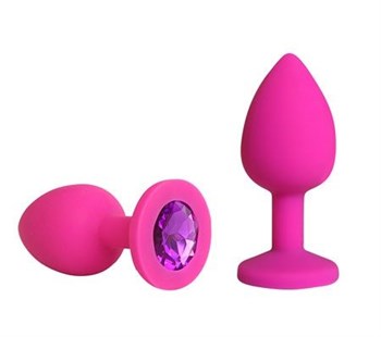 Розовая силиконовая пробка с фиолетовым кристаллом размера S - 6,8 см.