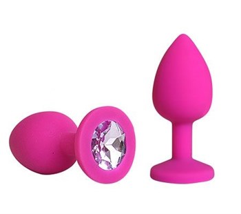 Розовая силиконовая пробка с фиолетовым кристаллом размера M - 8 см.