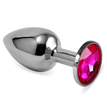 Серебристая анальная пробка с ярко-розовым кристаллом размера S - 7 см.
