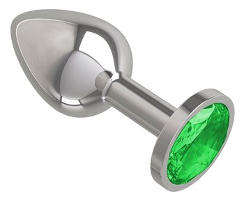 Серебристая анальная втулка с зеленым кристаллом - 7 см.
