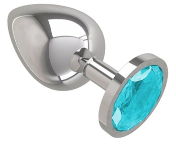 Серебристая большая анальная пробка с голубым кристаллом - 9,5 см.