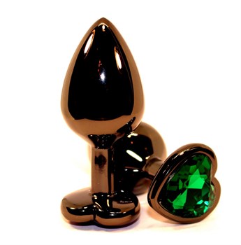 Черная коническая анальная пробка с зеленым кристаллом-сердечком - 8 см.