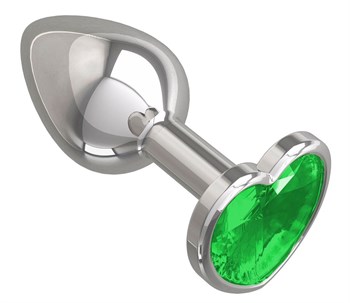 Серебристая анальная втулка с зеленым кристаллом-сердцем - 7 см.