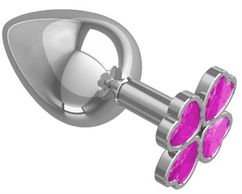 Серебристая анальная пробка-клевер с розовым кристаллом - 9,5 см.