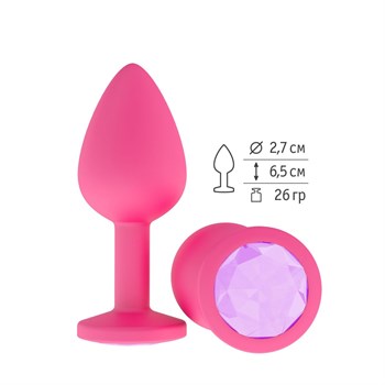 Розовая конусовидная силиконовая анальная пробка с сиреневым кристаллом - 7,3 см.