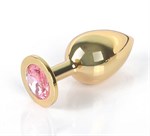Золотистая анальная пробка GOLDEN PLUG Large с розовым кристаллом - 9,5 см. - фото 291782