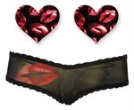 Комплект из 1 пары пэстис-сердечек с губками и черных трусиков с принтом-поцелуем - фото 238311