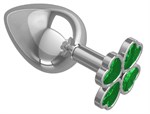 Серебристая анальная пробка-клевер с зеленым кристаллом - 9,5 см. - фото 172810