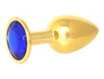 Золотистая анальная пробка с синим кристаллом - 7 см. - фото 1363394