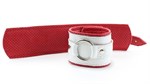 Бело-красные кожаные наручники с кольцом - фото 1363478