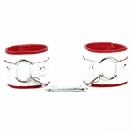 Бело-красные кожаные наручники с кольцом - фото 1363480