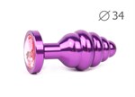 Коническая ребристая фиолетовая анальная втулка с розовым кристаллом - 8 см. - фото 64883