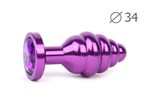 Коническая ребристая фиолетовая анальная втулка с кристаллом фиолетового цвета - 8 см. - фото 64887