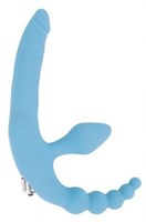 Голубой безремневой страпон с анальным отростком и вибрацией - 15 см. - фото 182614