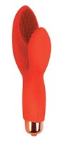 Красный силиконовый вибромассажер с округлым клиторальным отростком - фото 92849
