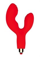 Красный силиконовый вибромассажер с клиторальным стимулятором - фото 92851