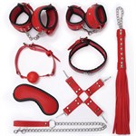 Пикантный красно-черный набор БДСМ: маска, ошейник, кляп, фиксатор, наручники, оковы, плеть - фото 176549
