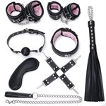 Пикантный черно-розовый набор БДСМ: маска, ошейник, кляп, фиксатор, наручники, оковы, плеть - фото 178138