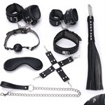 Пикантный черный набор БДСМ: маска, ошейник, кляп, фиксатор, наручники, оковы, плеть - фото 65773