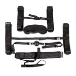 Пикантный черный текстильный набор БДСМ: наручники, оковы, ошейник с поводком, кляп, маска - фото 65786