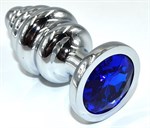 Серебристая анальная пробка из нержавеющей стали с синим кристаллом - 8,8 см.  - фото 359348