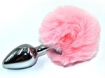 Серебристая округлая анальная пробка с заячьим хвостиком розового цвета - 11,5 см. - фото 1404163