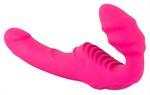 Розовый безремневой страпон с вибрацией - фото 1404608