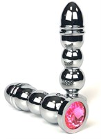 Серебристая анальная пробка-ёлочка с розовым кристаллом - 14,5 см. - фото 96330