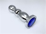 Серебристая закругленная анальная пробка-ёлочка с синим кристаллом - 13 см. - фото 96348