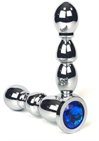 Серебристая закругленная анальная пробка-ёлочка с синим кристаллом - 13 см. - фото 96347