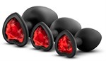 Набор черных анальных пробок с красным кристаллом-сердечком Bling Plugs Training Kit - фото 1430010