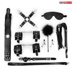 Большой набор БДСМ в черном цвете: маска, кляп, зажимы, плётка, ошейник, наручники, оковы, щекоталка, фиксатор - фото 471161