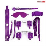 Большой набор БДСМ в фиолетовом цвете: маска, кляп, плётка, ошейник, наручники, оковы, верёвка - фото 169206