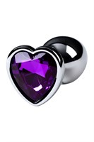 Серебристая коническая анальная пробка с фиолетовым кристаллом-сердечком - 7 см. - фото 98510
