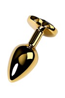 Золотистая коническая анальная пробка с черным кристаллом-сердечком - 7 см.  - фото 1294926