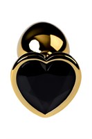 Золотистая коническая анальная пробка с черным кристаллом-сердечком - 7 см.  - фото 1294927