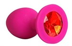 Ярко-розовая анальная пробка с красным кристаллом - 9,5 см. - фото 1423618