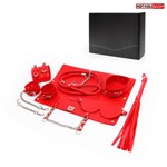 Красный набор БДСМ в сумке: маска, ошейник с поводком, наручники, оковы, плеть - фото 1416099