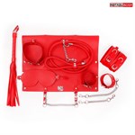 Красный набор БДСМ в сумке: маска, ошейник с поводком, наручники, оковы, плеть - фото 1416098