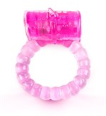 Розовое рельефное эрекционное кольцо с вибропулей - фото 160712