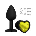 Черная силиконовая пробка с желтым кристаллом-сердцем - 8,5 см. - фото 1365523