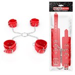 Комплект красных наручников и оков на металлических креплениях с кольцом - фото 1408968