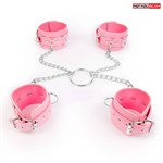 Комплект розовых наручников и оков на металлических креплениях с кольцом - фото 169688