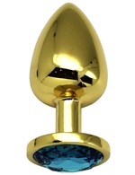 Золотистая анальная пробка с голубым кристаллом - 9 см. - фото 176896