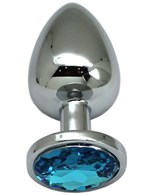 Серебристая анальная пробка с голубым кристаллом - 9 см. - фото 176960