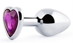 Серебристая анальная пробка с фиолетовым кристаллом-сердечком - 8 см. - фото 1312958