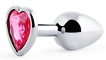 Серебристая анальная пробка с розовым кристаллом-сердечком - 7 см. - фото 301234
