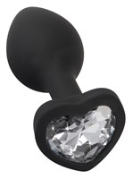 Черная силиконовая анальная пробка с прозрачным стразом-сердечком - 7,3 см. - фото 1317718