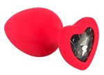 Красная силиконовая анальная пробка с черным стразом-сердечком - 9,3 см. - фото 1317722